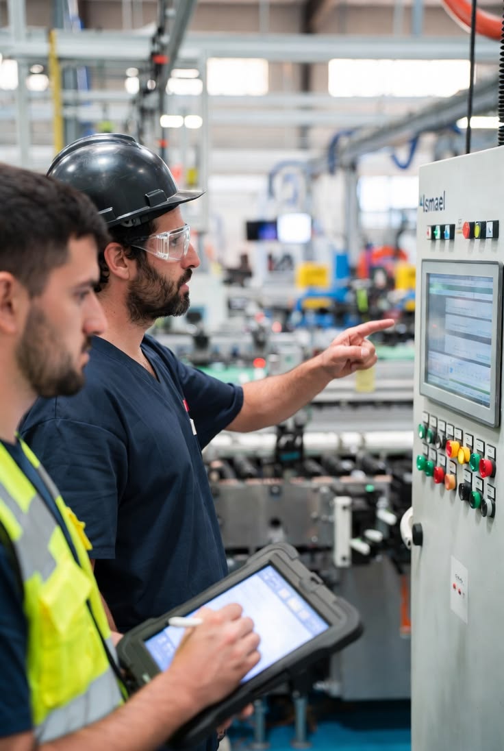 Manufacturing team using production controls